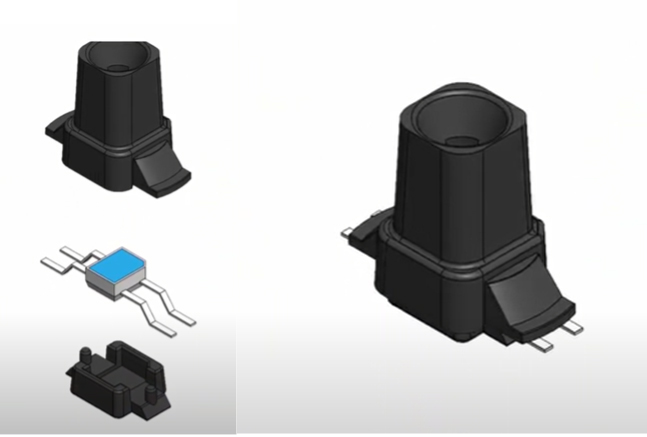 Figure 7: Exploded view of a solder on adapter (left) shows the three individual elements that are combined into the single device supplied to the customer (right). [Source: Bivar]
